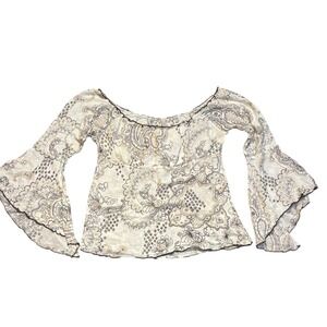 y2k Boho fairy Bell Sleeve  paisley cream lettuce hem top‎ long sleeve stretch